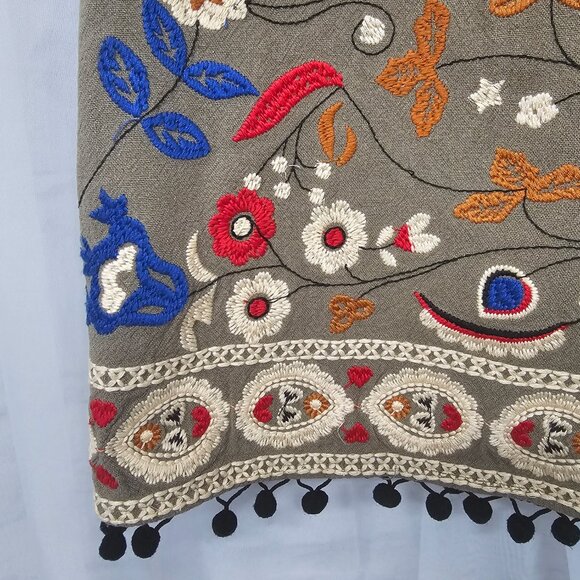 Island Girl Olive Green Red Embroidered Bird Print Mini Skirt Boho M - Picture 3 of 12